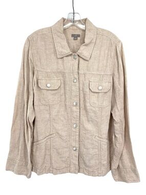 J. Jill Linen Shirt Jacket Snap Button Front Shacket Size Large Tan Oatmeal